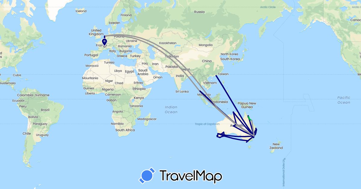 TravelMap itinerary: driving, bus, plane, train, boat in Australia, France, Hong Kong, Thailand (Asia, Europe, Oceania)